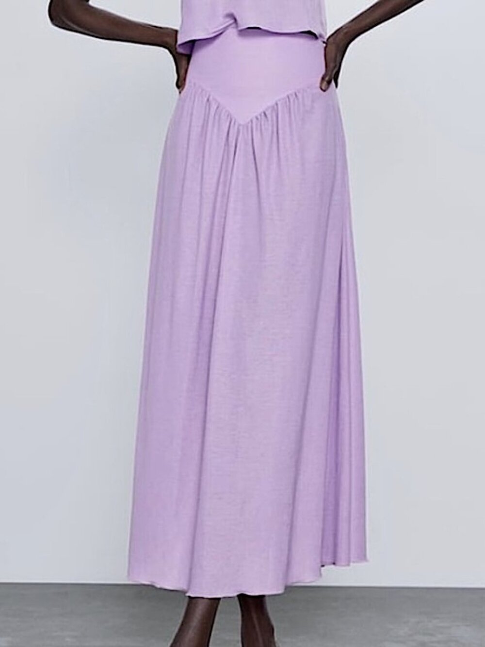 NWT ZARA Flowing Gathered Yoke Midi Skirt Size S Lilac